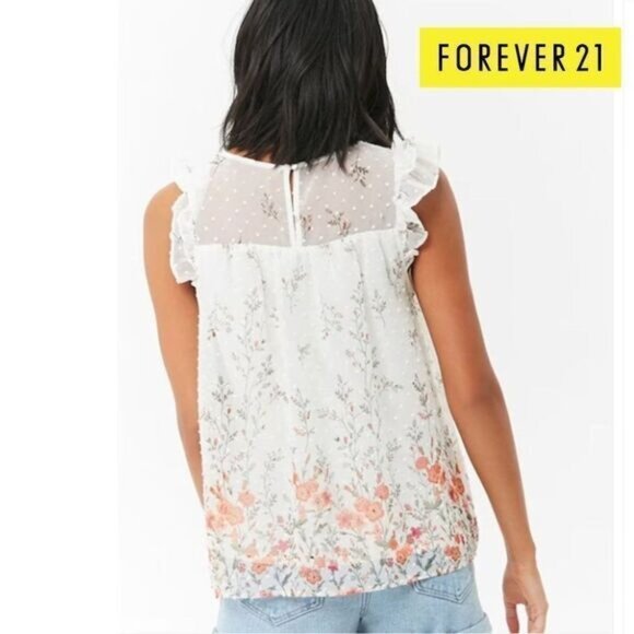 FOREVER 21‎ Women's Off-White Floral Printed Sheer Lace Trim Ruffled Sleeve - Picture 3 of 10